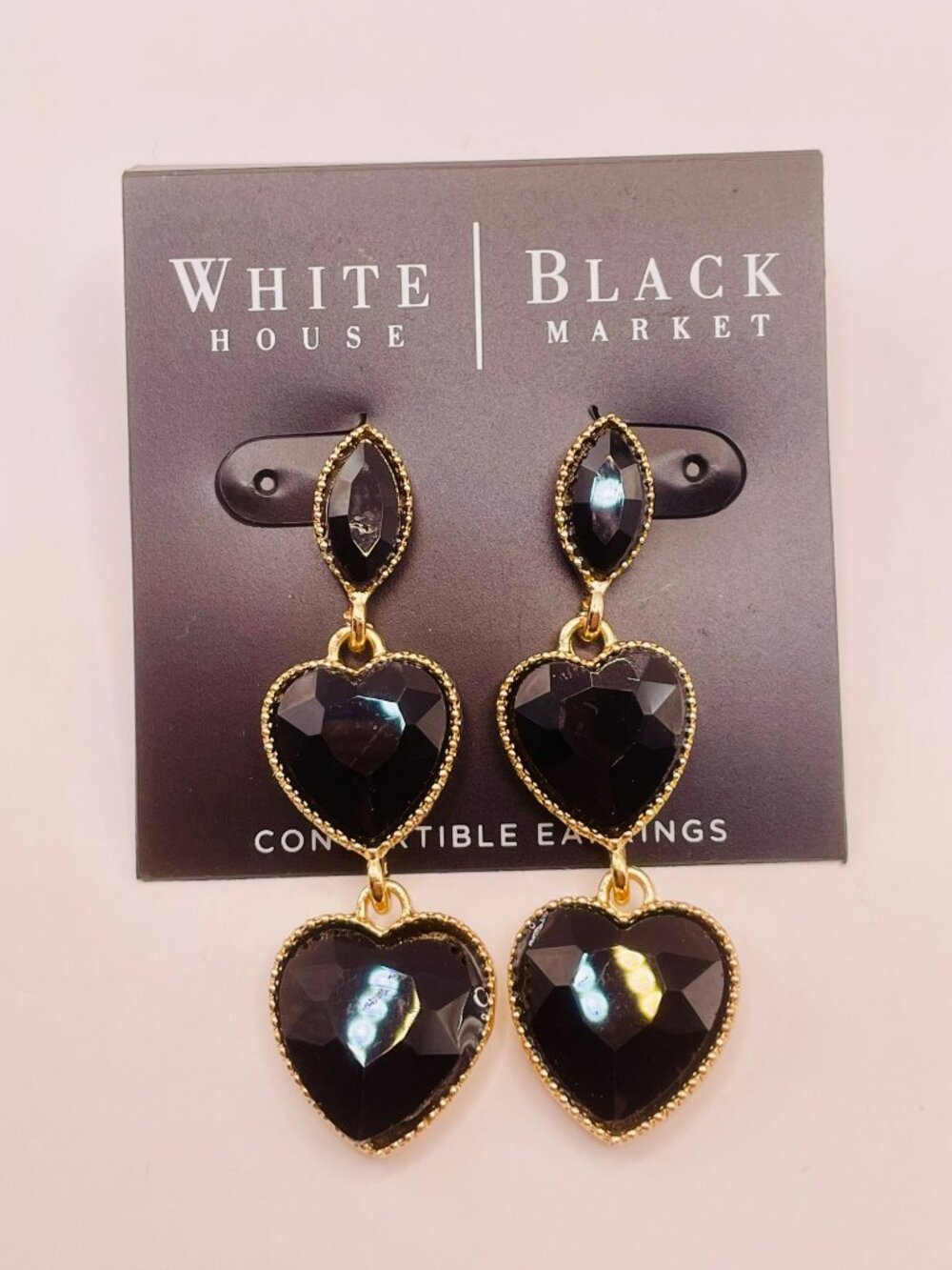 New White House Black Market Gold-Tone Black Faceted Heart Earrings -8B